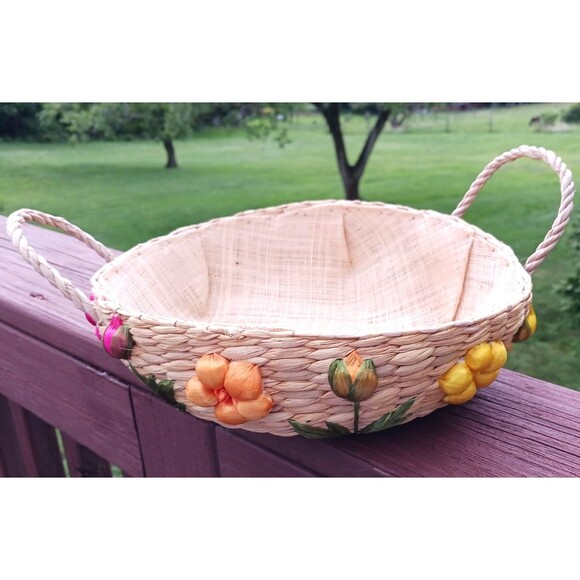 VTG Hand Woven Round Floral Basket Yellow Pink Peach Flower Handles Philippines - Picture 3 of 5